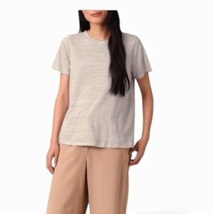 - Eileen Fisher Tan White 100% Organic Linen Top Elbow Sleeves Stripe